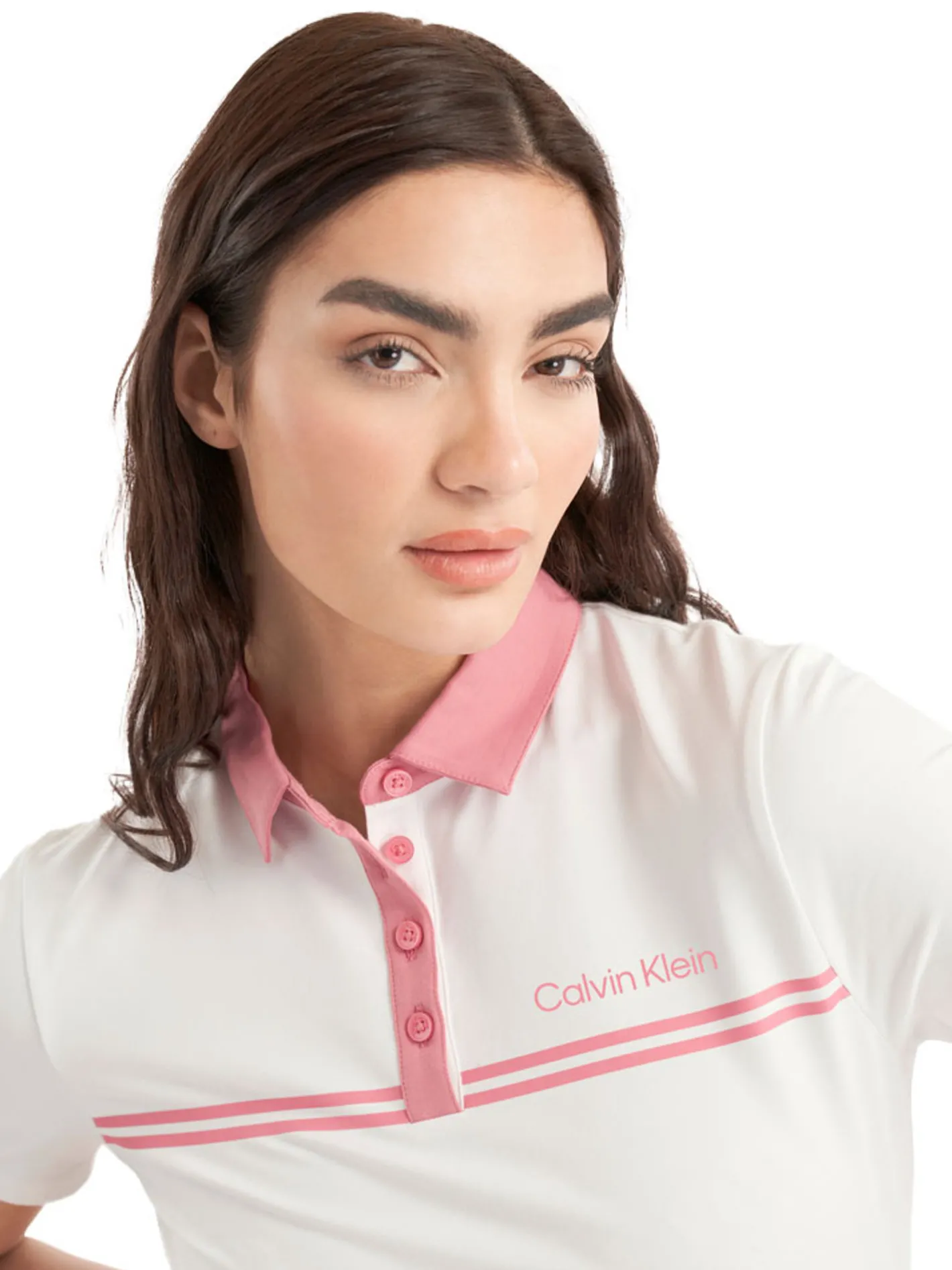 Women Calvin Klein Womens Bellevue Polo Shirt - White/Powder Pink