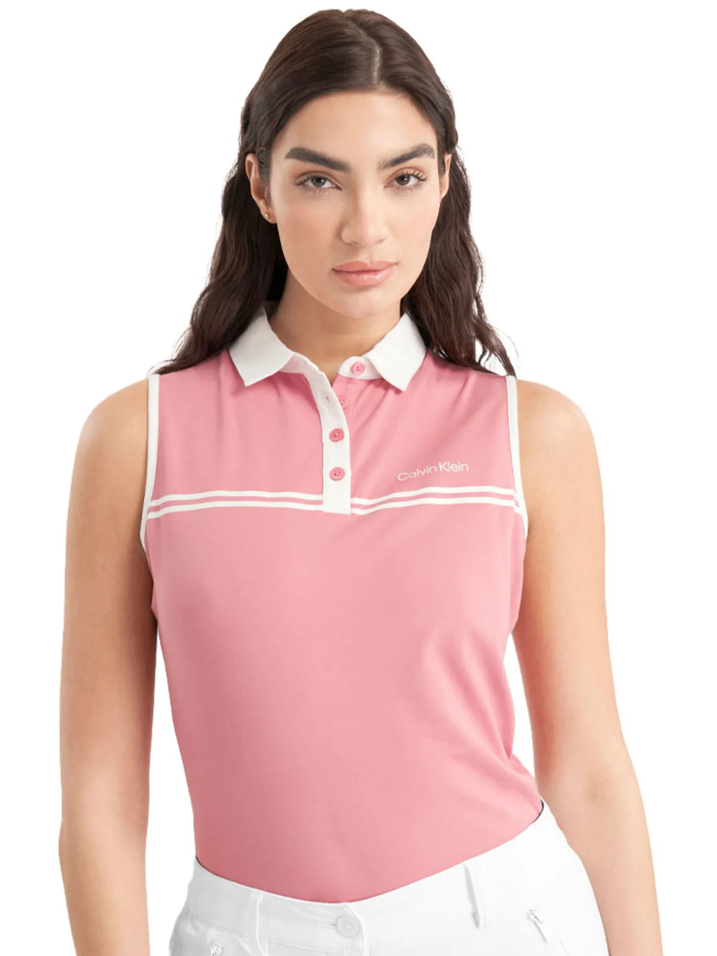 Women Calvin Klein Womens Bellevue Sleeveless Polo Shirt - Powder Pink