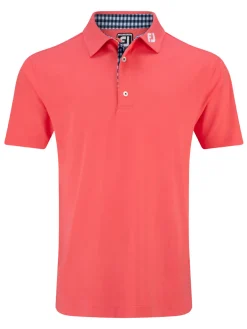 FootJoy Pique Solid Gingham Trim Golf Shirt (Athletic Fit) - Coral Red