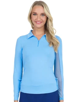 Women IBKUL Adjustable Long Sleeve Zip Polo - Peri