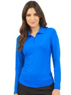 Women IBKUL Adjustable Long Sleeve Zip Polo - Blue