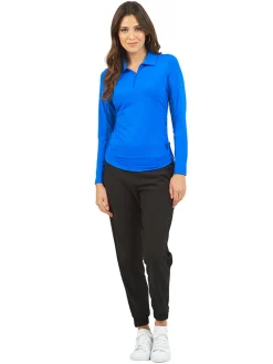 Women IBKUL Adjustable Long Sleeve Zip Polo - Blue