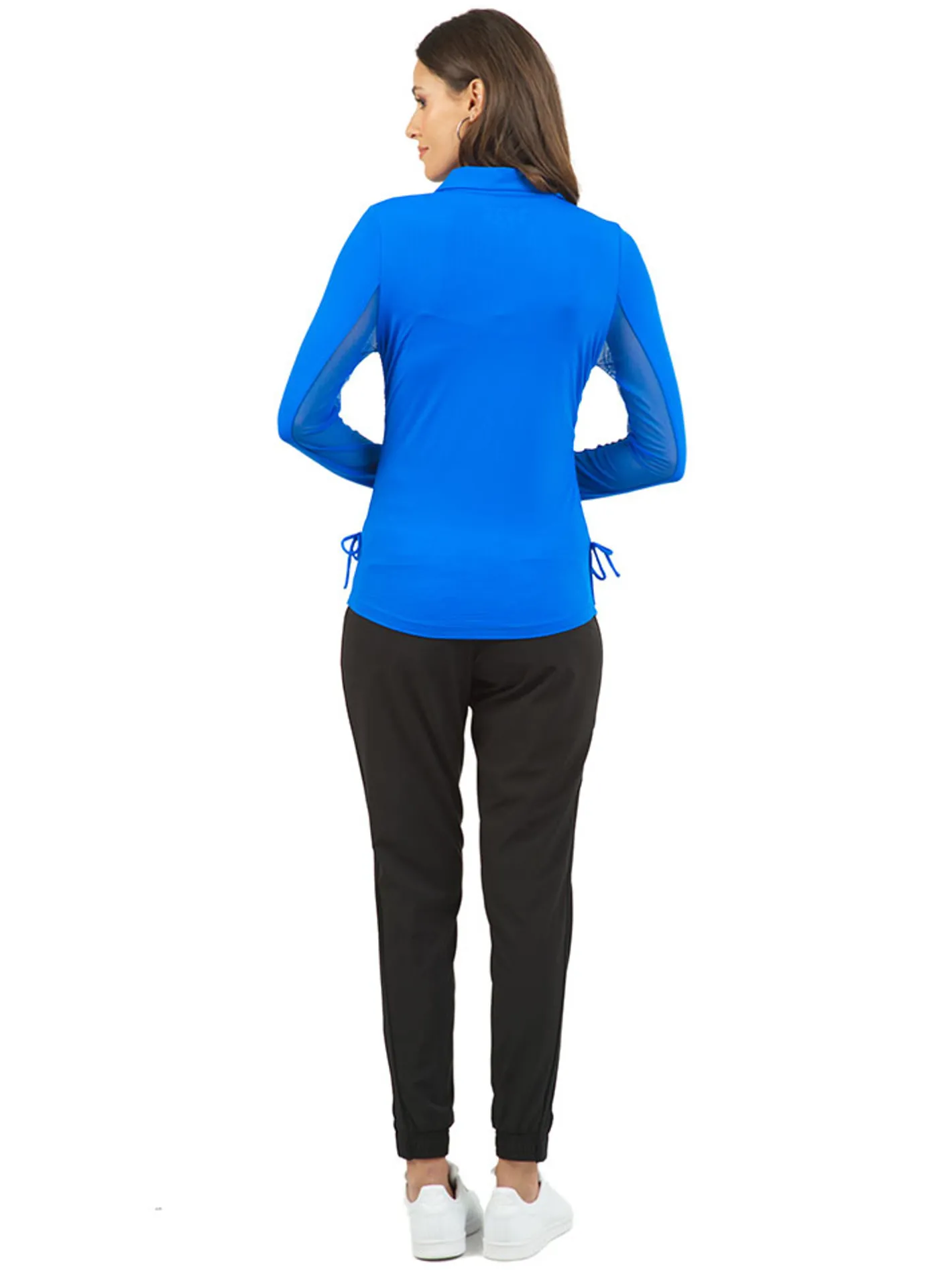 Women IBKUL Adjustable Long Sleeve Zip Polo - Blue