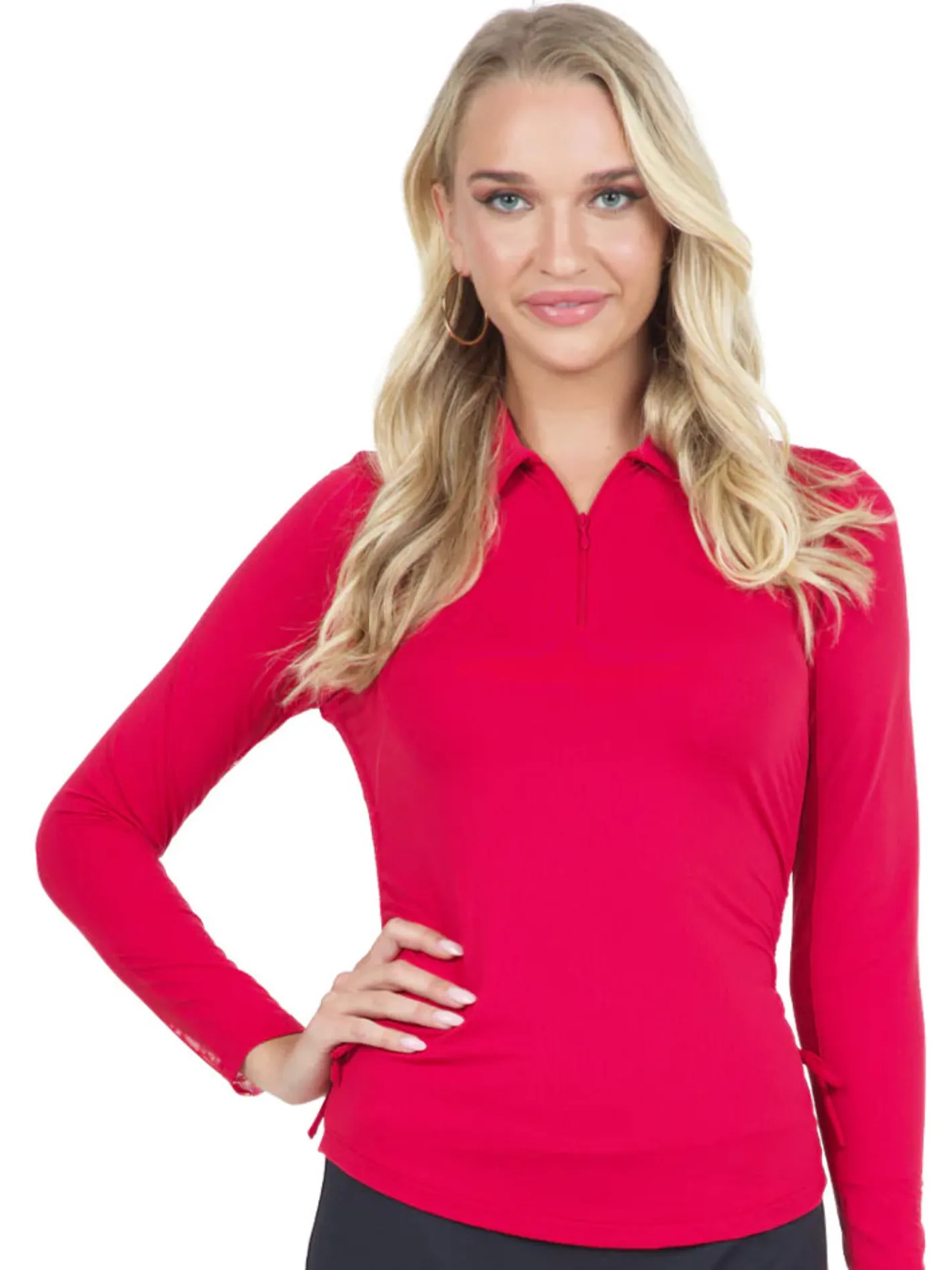 Women IBKUL Adjustable Long Sleeve Zip Polo - Red