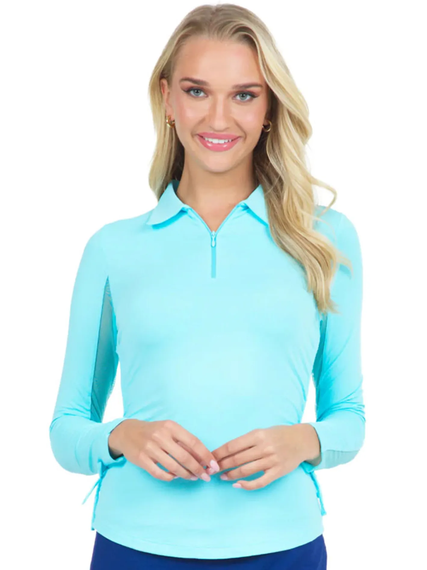 Women IBKUL Adjustable Long Sleeve Zip Polo - Seafoam