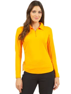 Women IBKUL Adjustable Long Sleeve Zip Polo - Orange Peel