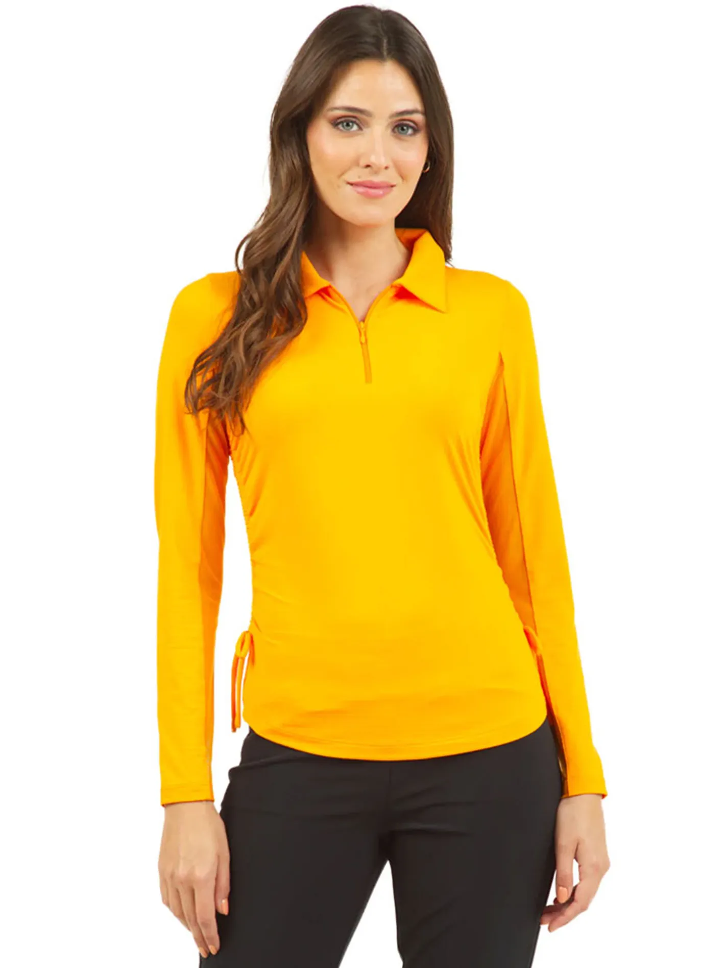 Women IBKUL Adjustable Long Sleeve Zip Polo - Orange Peel