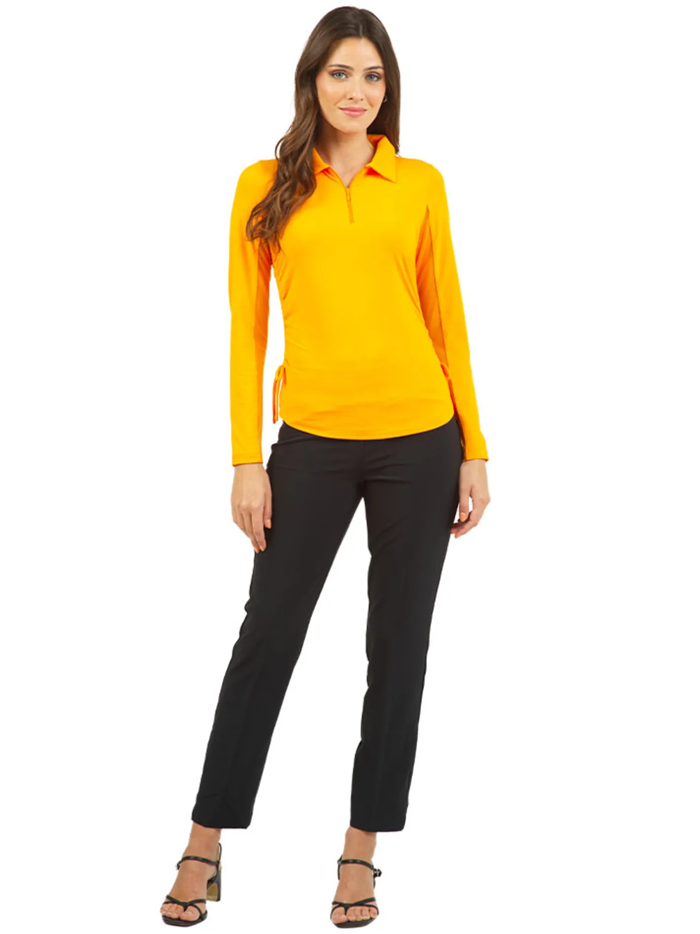 Women IBKUL Adjustable Long Sleeve Zip Polo - Orange Peel