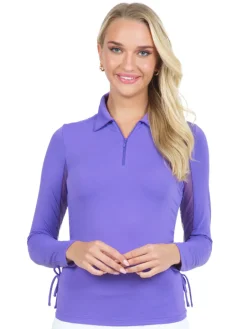 Women IBKUL Adjustable Long Sleeve Zip Polo - Plum
