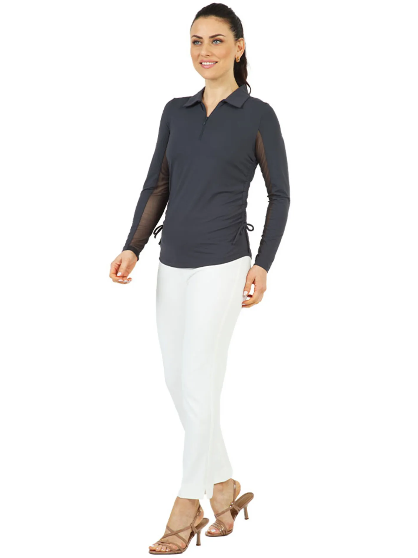 Women IBKUL Adjustable Long Sleeve Zip Polo - Charcoal