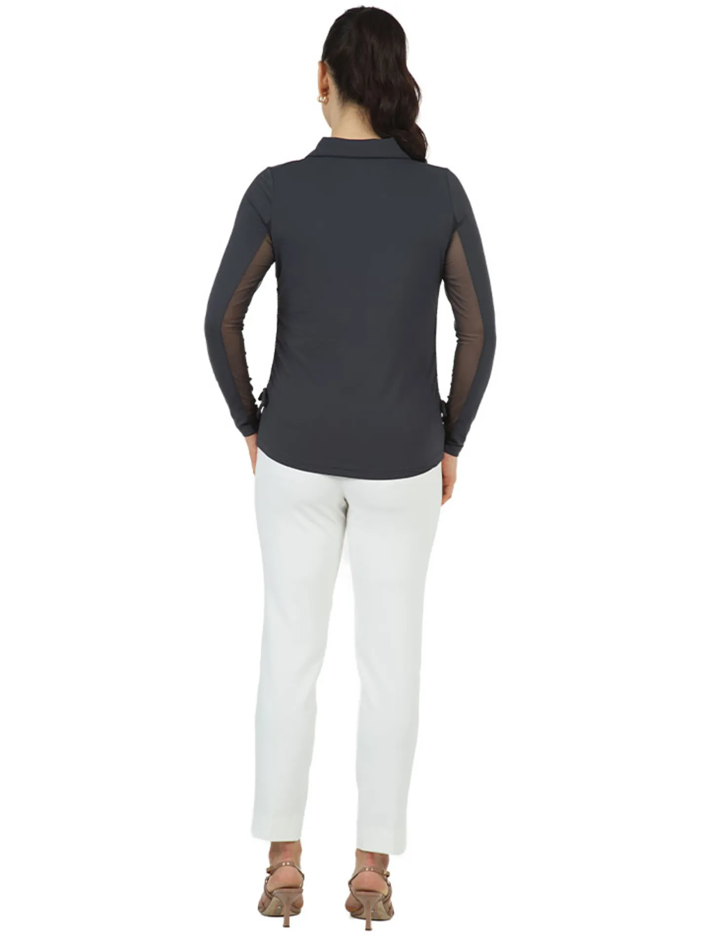 Women IBKUL Adjustable Long Sleeve Zip Polo - Charcoal