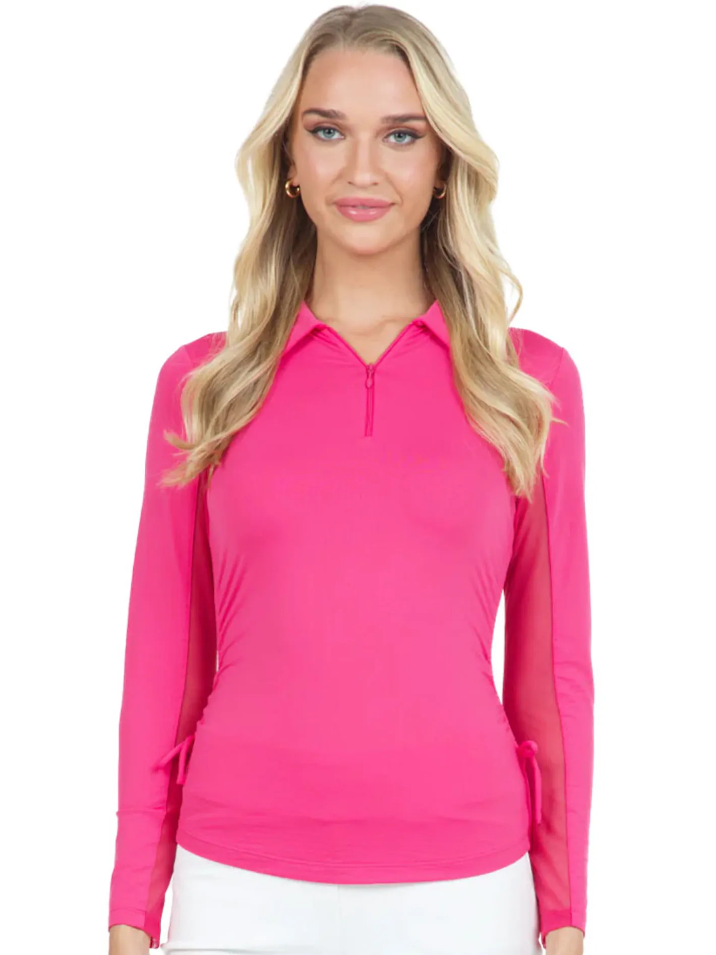 Women IBKUL Adjustable Long Sleeve Zip Polo - Watermelon