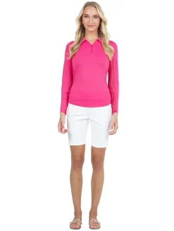 Women IBKUL Adjustable Long Sleeve Zip Polo - Watermelon