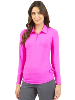 Women IBKUL Adjustable Long Sleeve Zip Polo - Hot Pink