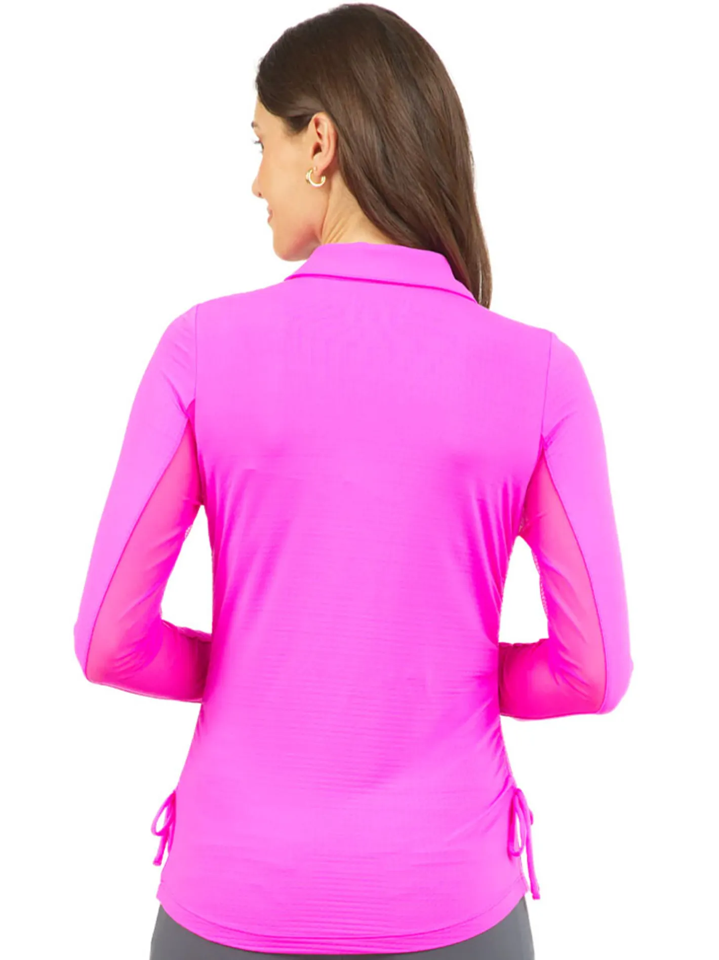 Women IBKUL Adjustable Long Sleeve Zip Polo - Hot Pink