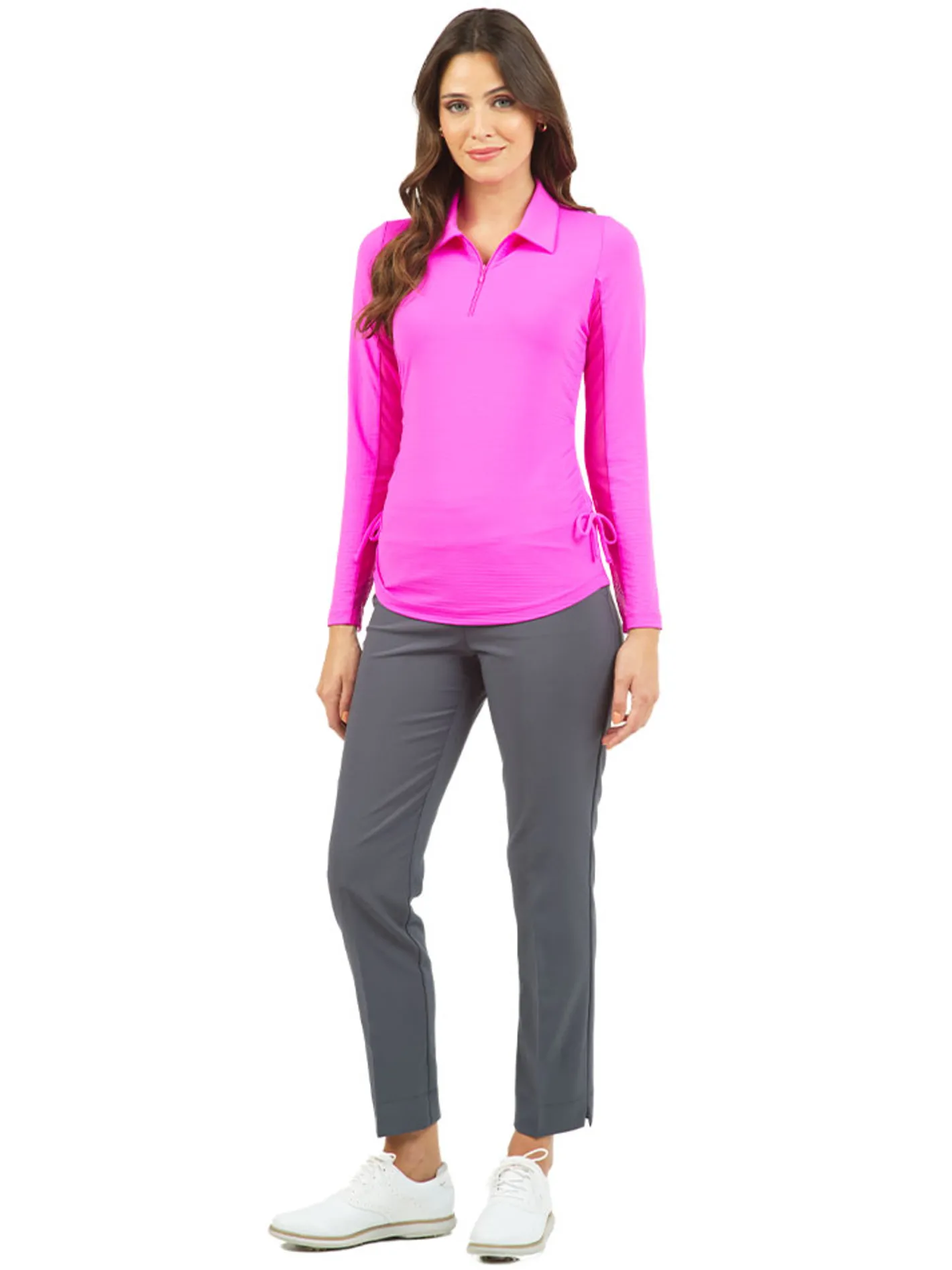 Women IBKUL Adjustable Long Sleeve Zip Polo - Hot Pink