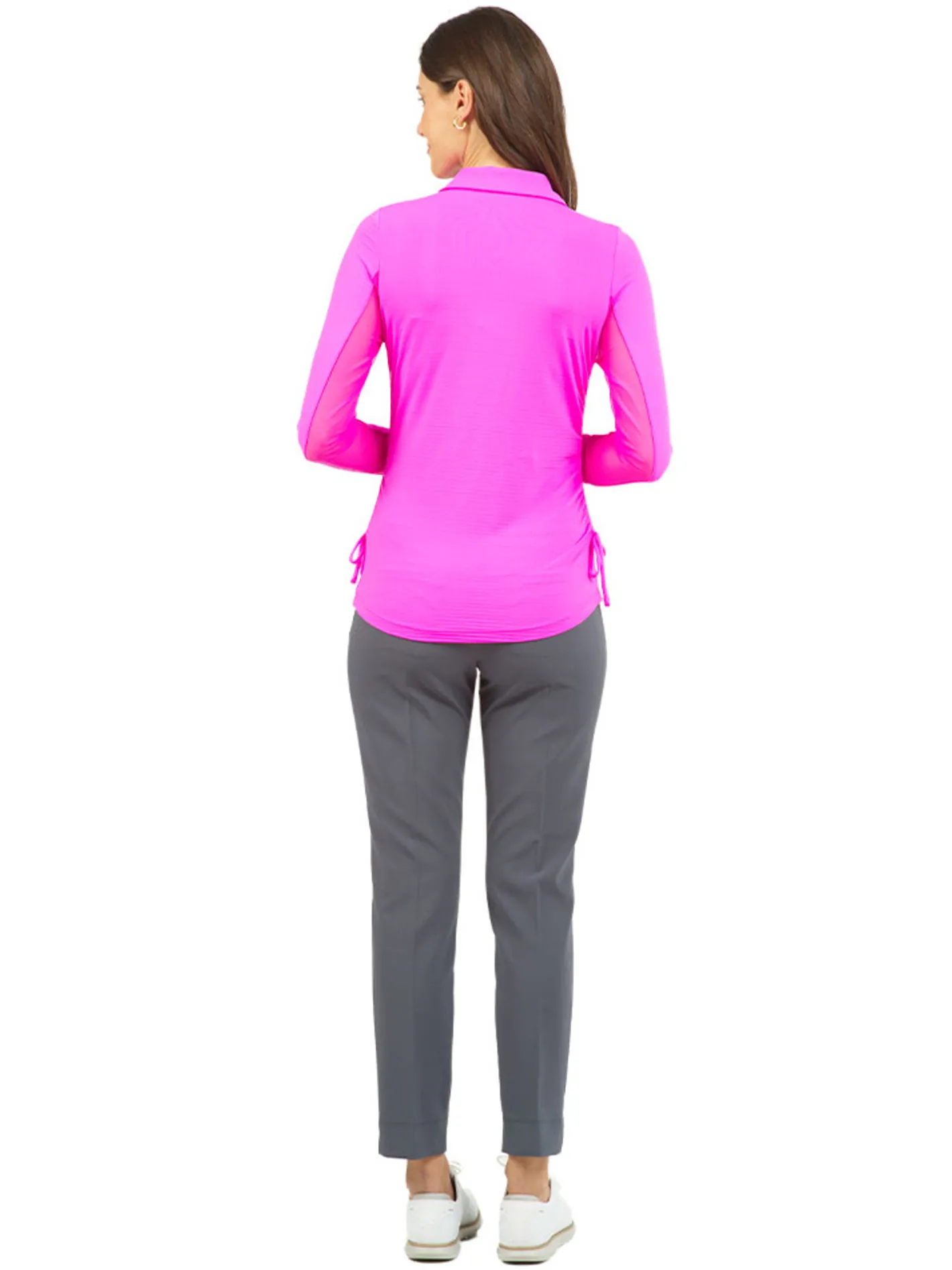 Women IBKUL Adjustable Long Sleeve Zip Polo - Hot Pink