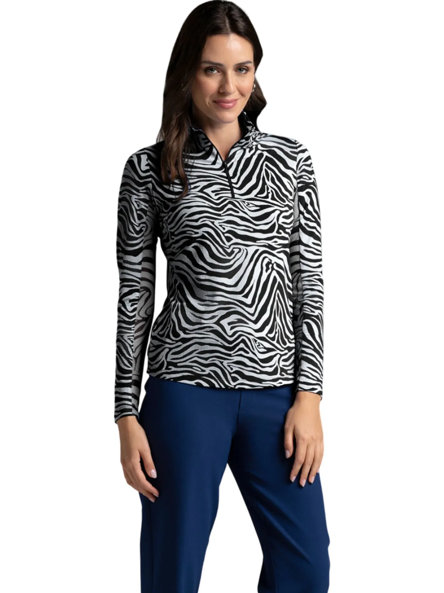 Women IBKUL Cecila Print Long Sleeve Mock Neck Top - Black/White