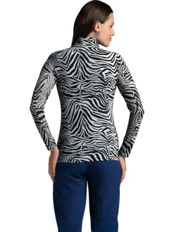 Women IBKUL Cecila Print Long Sleeve Mock Neck Top - Black/White