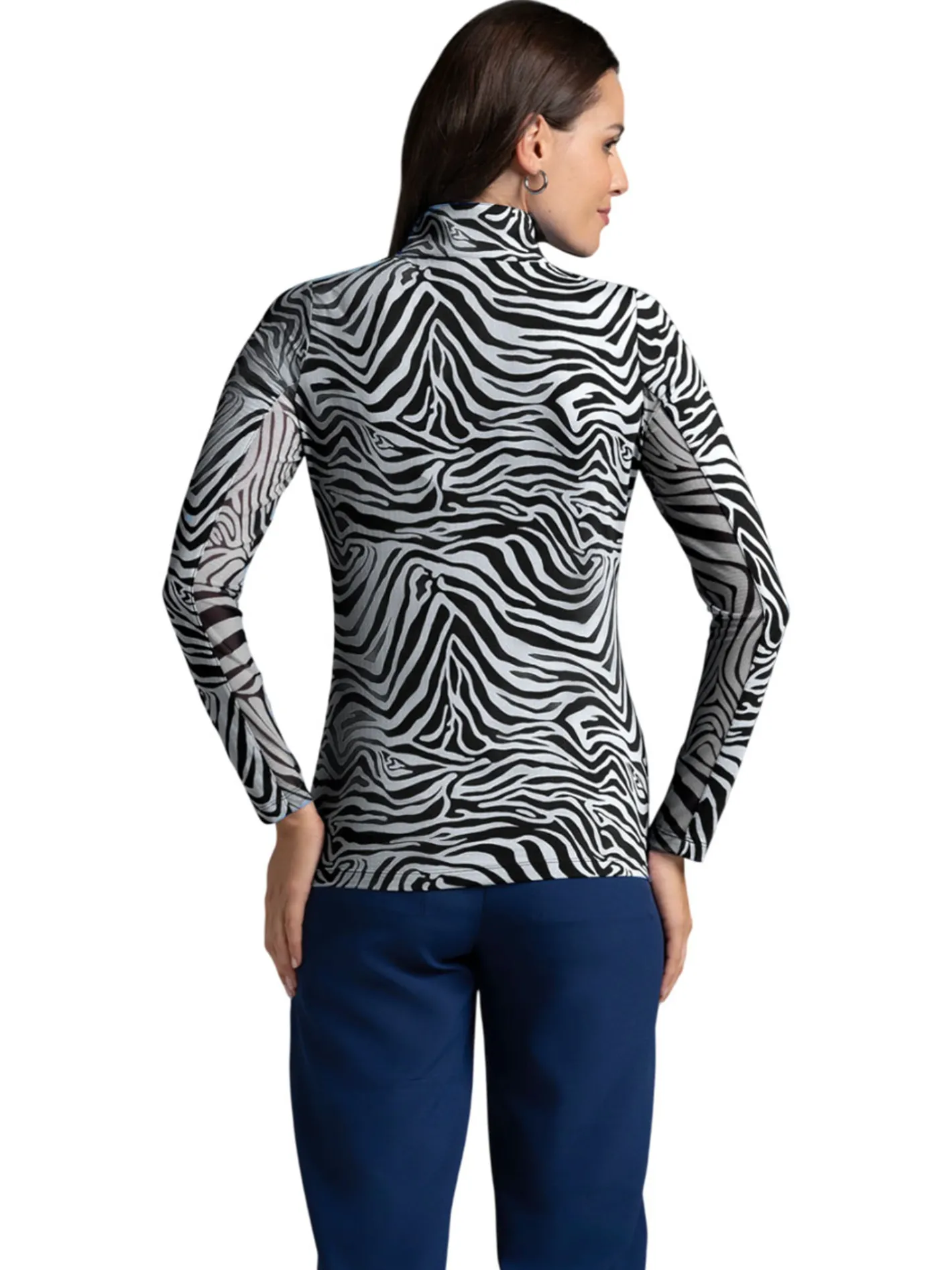 Women IBKUL Cecila Print Long Sleeve Mock Neck Top - Black/White