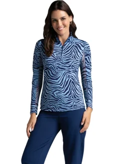 Women IBKUL Cecila Print Long Sleeve Mock Neck Top - Navy/Peri