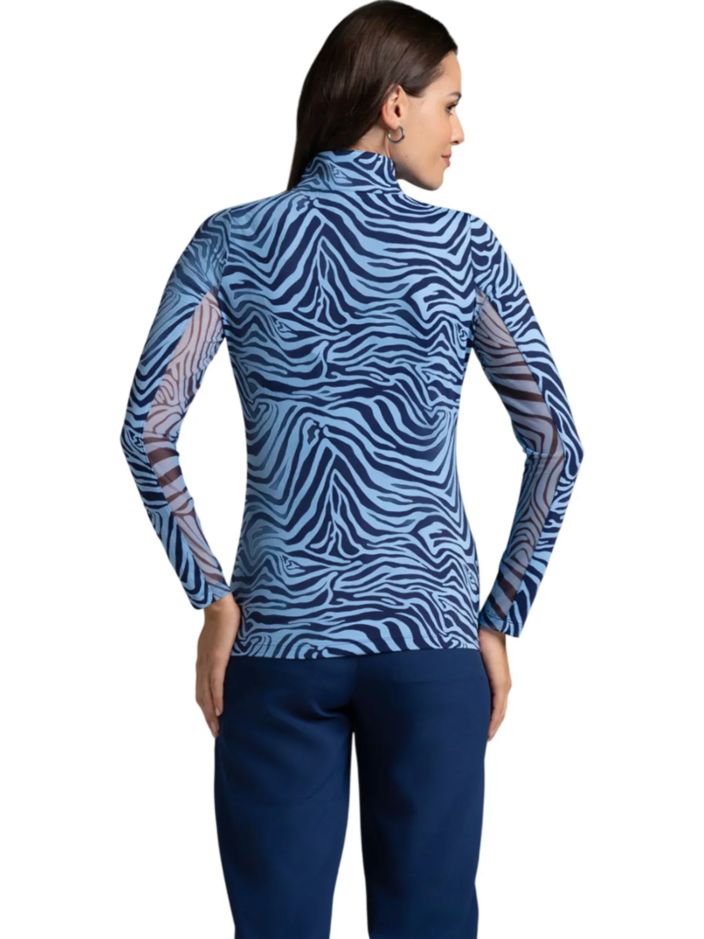 Women IBKUL Cecila Print Long Sleeve Mock Neck Top - Navy/Peri