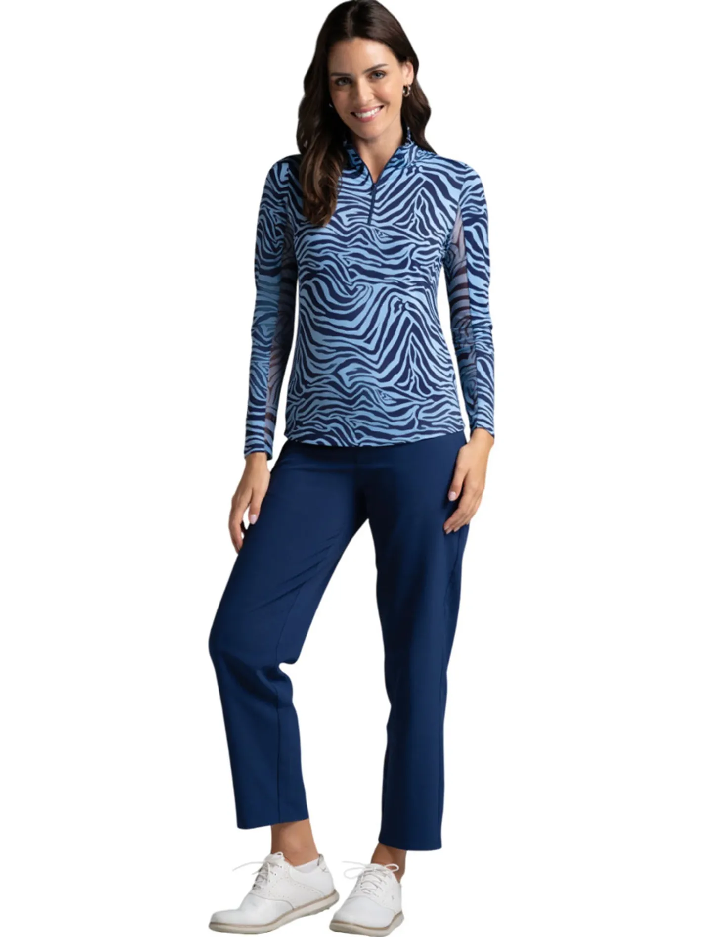 Women IBKUL Cecila Print Long Sleeve Mock Neck Top - Navy/Peri