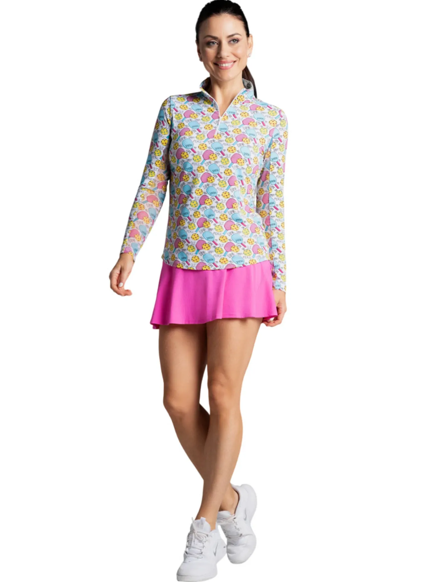 Women IBKUL Game On Print Long Sleeve Mock Neck Top - Raspberry/Turquoise