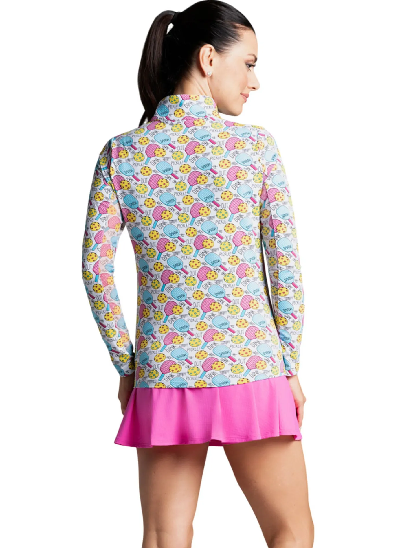 Women IBKUL Game On Print Long Sleeve Mock Neck Top - Raspberry/Turquoise
