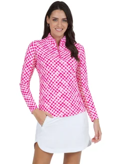 Women IBKUL Gingham Check Long Sleeve Mock Neck Top - Hot Pink/White