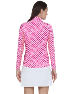 Women IBKUL Gingham Check Long Sleeve Mock Neck Top - Hot Pink/White