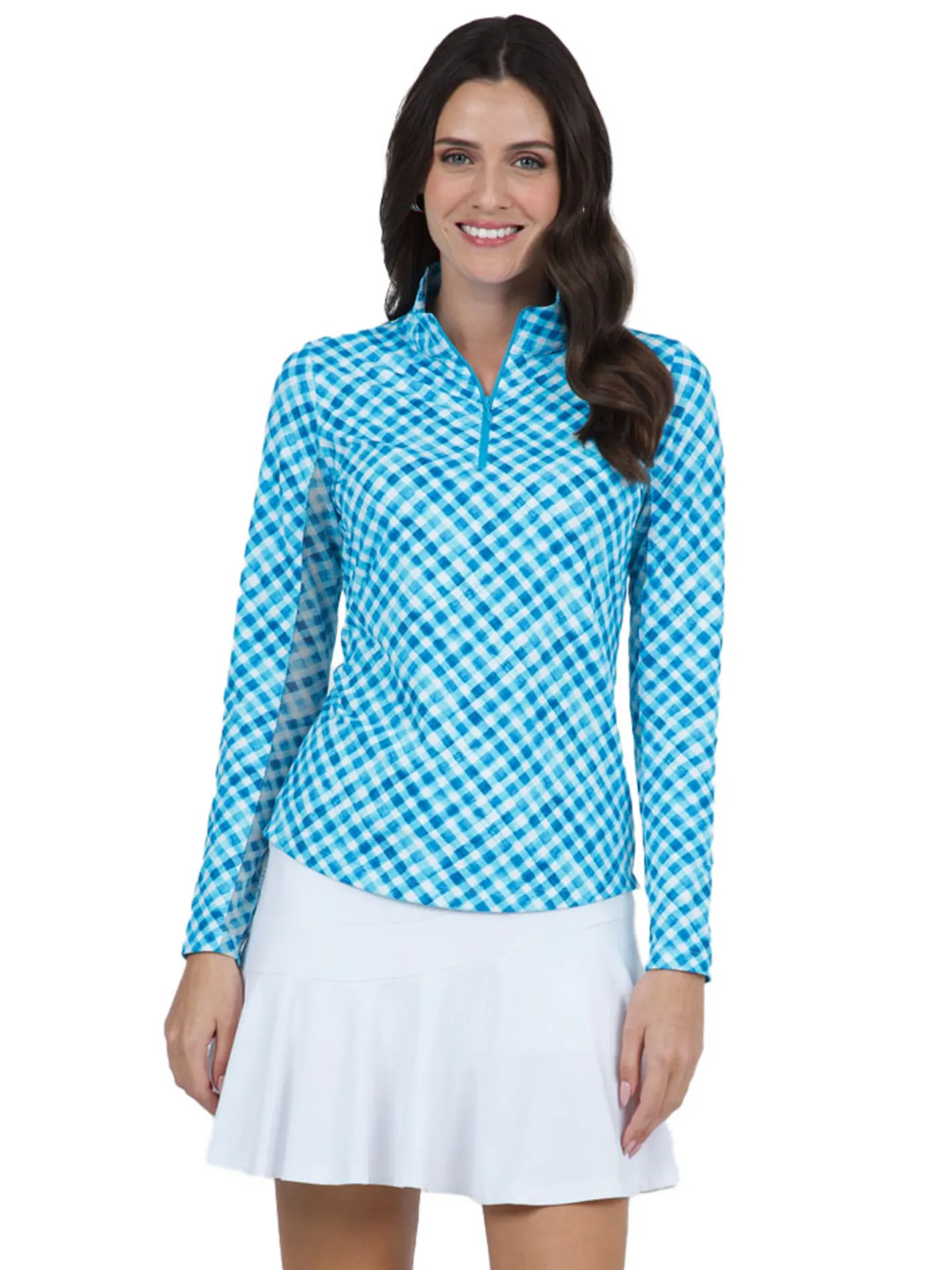 Women IBKUL Gingham Check Long Sleeve Mock Neck Top - Turquoise/White