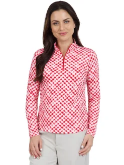 Women IBKUL Gingham Check Long Sleeve Mock Neck Top - Red/White
