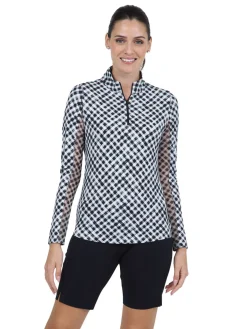 Women IBKUL Gingham Check Long Sleeve Mock Neck Top - Black/White
