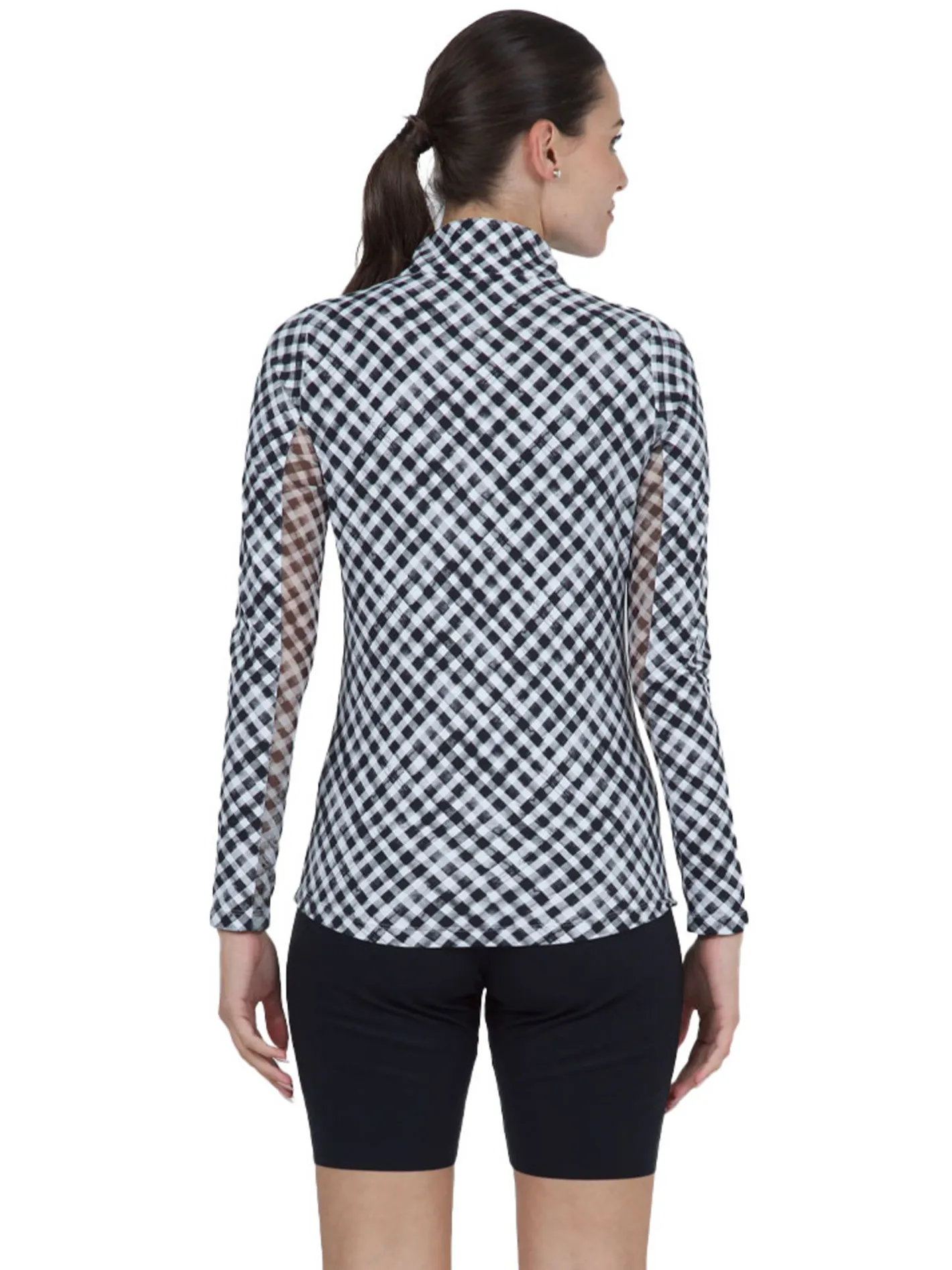 Women IBKUL Gingham Check Long Sleeve Mock Neck Top - Black/White