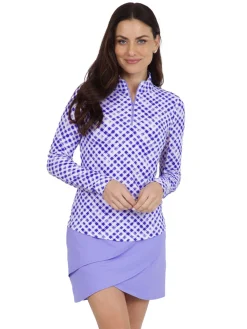 Women IBKUL Gingham Check Long Sleeve Mock Neck Top - Lavender/White
