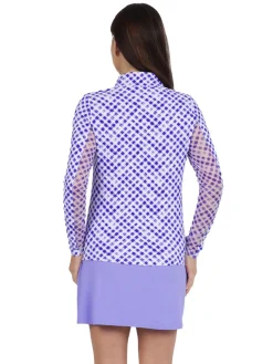 Women IBKUL Gingham Check Long Sleeve Mock Neck Top - Lavender/White