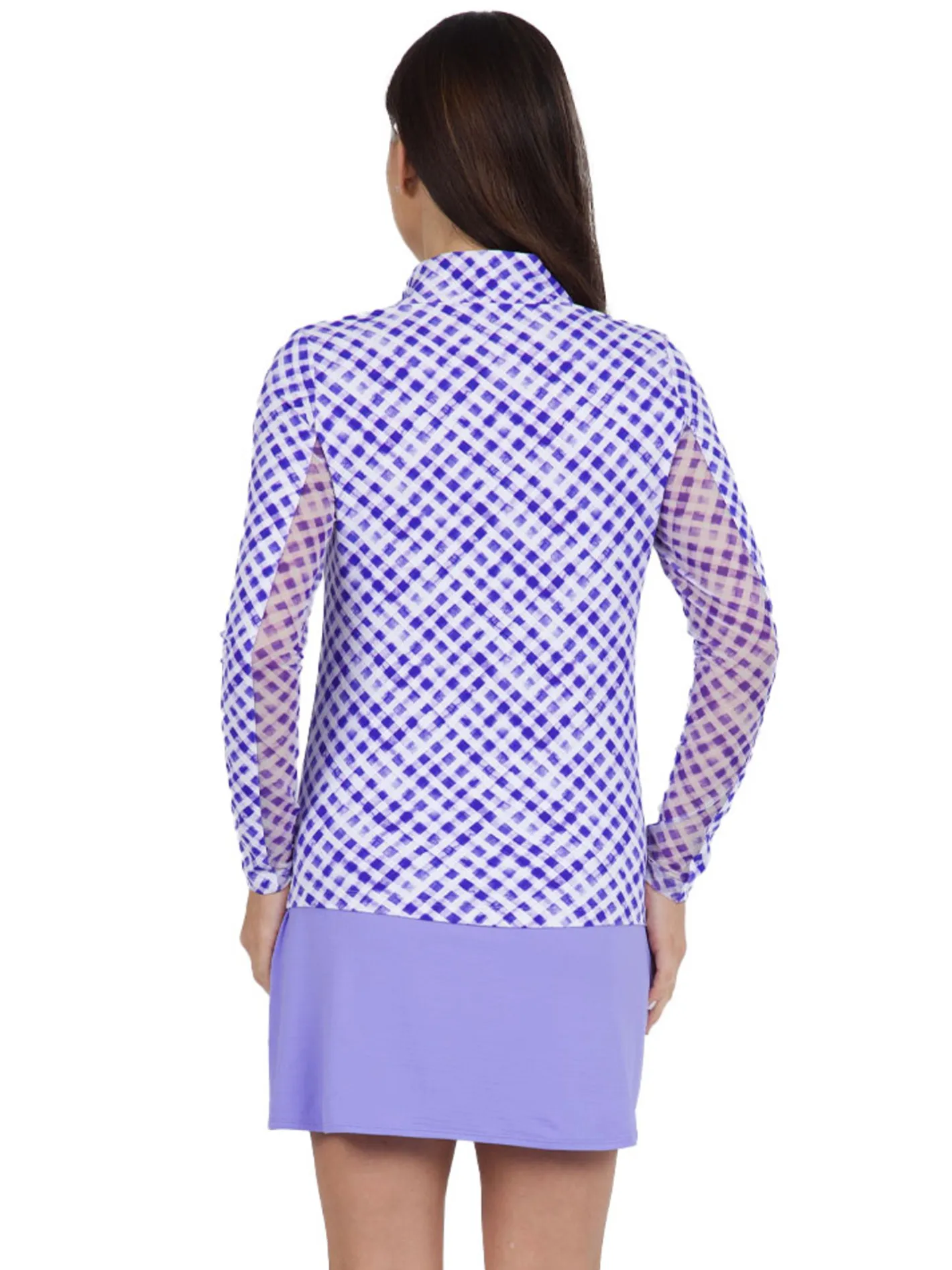 Women IBKUL Gingham Check Long Sleeve Mock Neck Top - Lavender/White