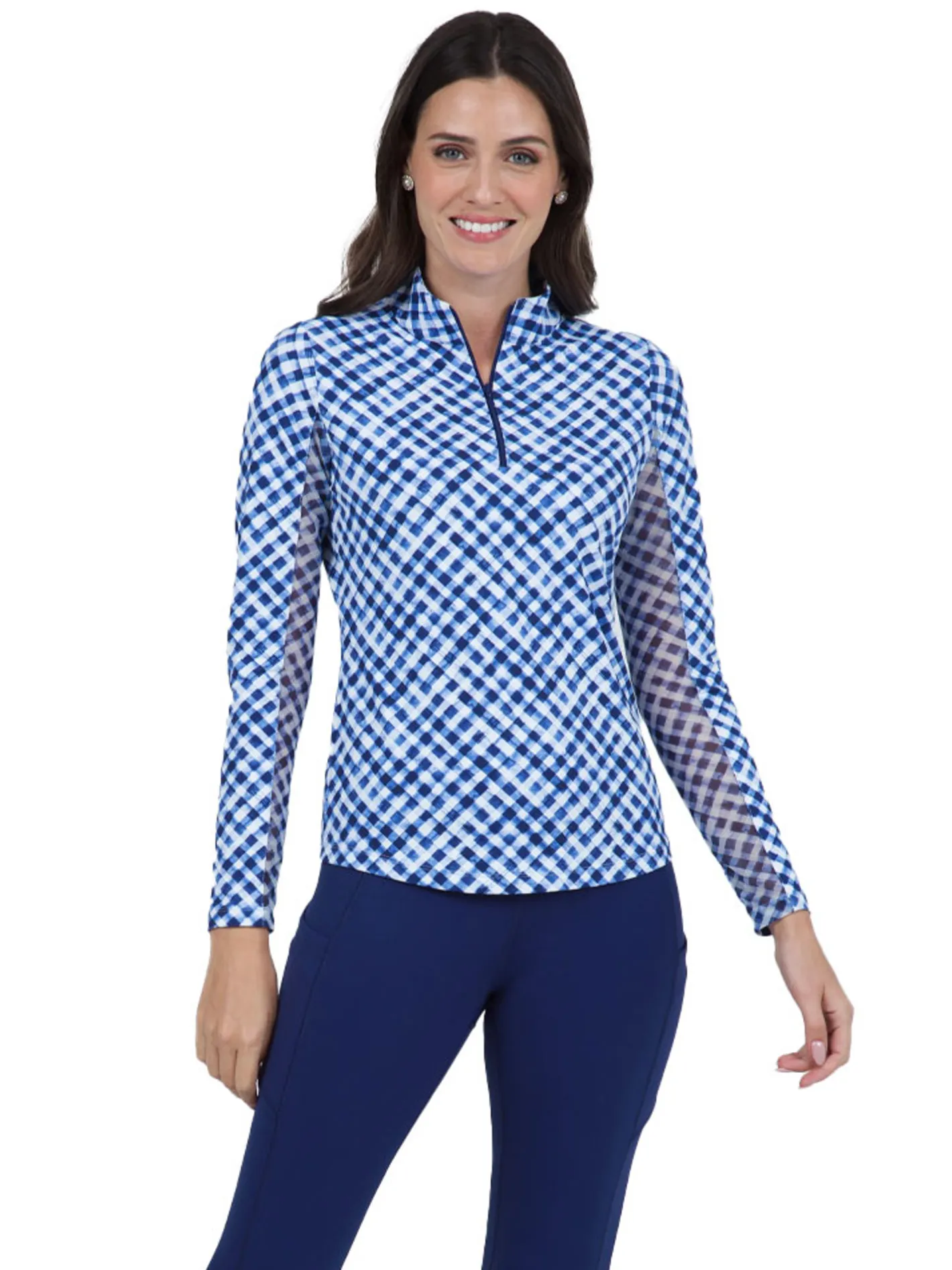Women IBKUL Gingham Check Long Sleeve Mock Neck Top - Navy/White