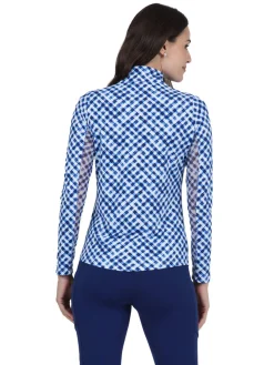 Women IBKUL Gingham Check Long Sleeve Mock Neck Top - Navy/White