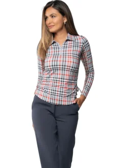 Women IBKUL Judith Print Long Sleeve Zip Polo - Grey/Red