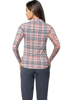 Women IBKUL Judith Print Long Sleeve Zip Polo - Grey/Red