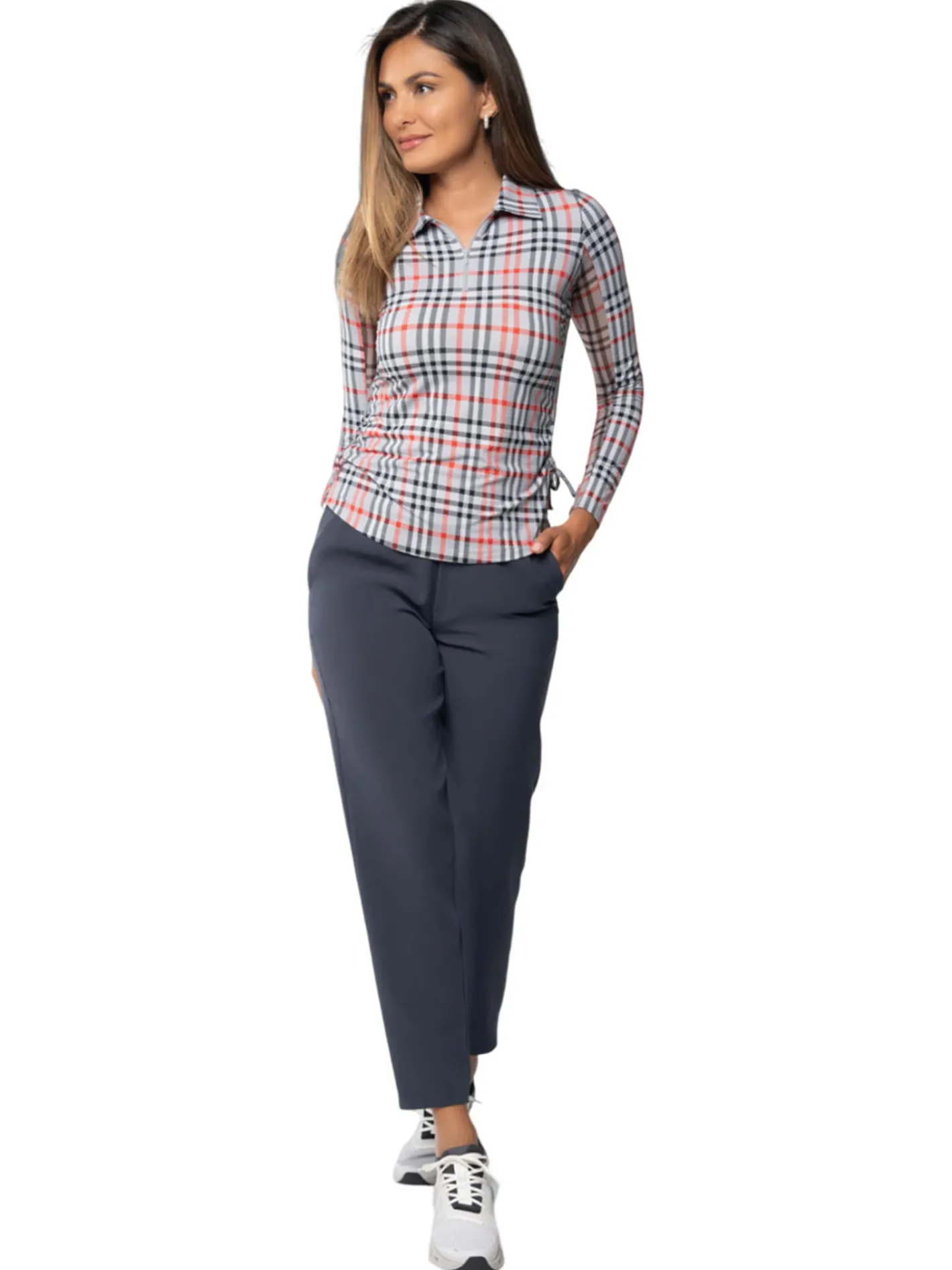 Women IBKUL Judith Print Long Sleeve Zip Polo - Grey/Red