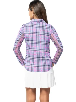 Women IBKUL Judith Print Long Sleeve Zip Polo - Lavender/Hot Pink
