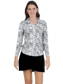 Women IBKUL Kathy Print Long Sleeve Zip Polo - Black/Grey