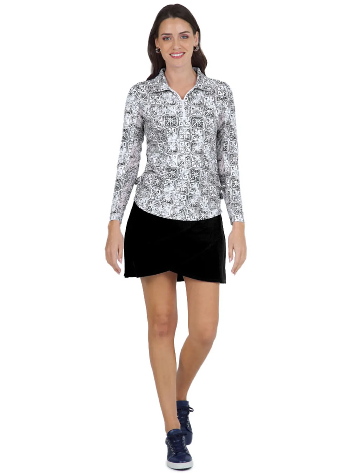 Women IBKUL Kathy Print Long Sleeve Zip Polo - Black/Grey