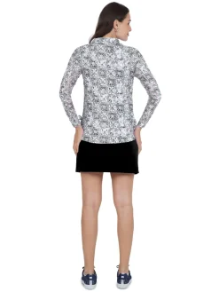 Women IBKUL Kathy Print Long Sleeve Zip Polo - Black/Grey
