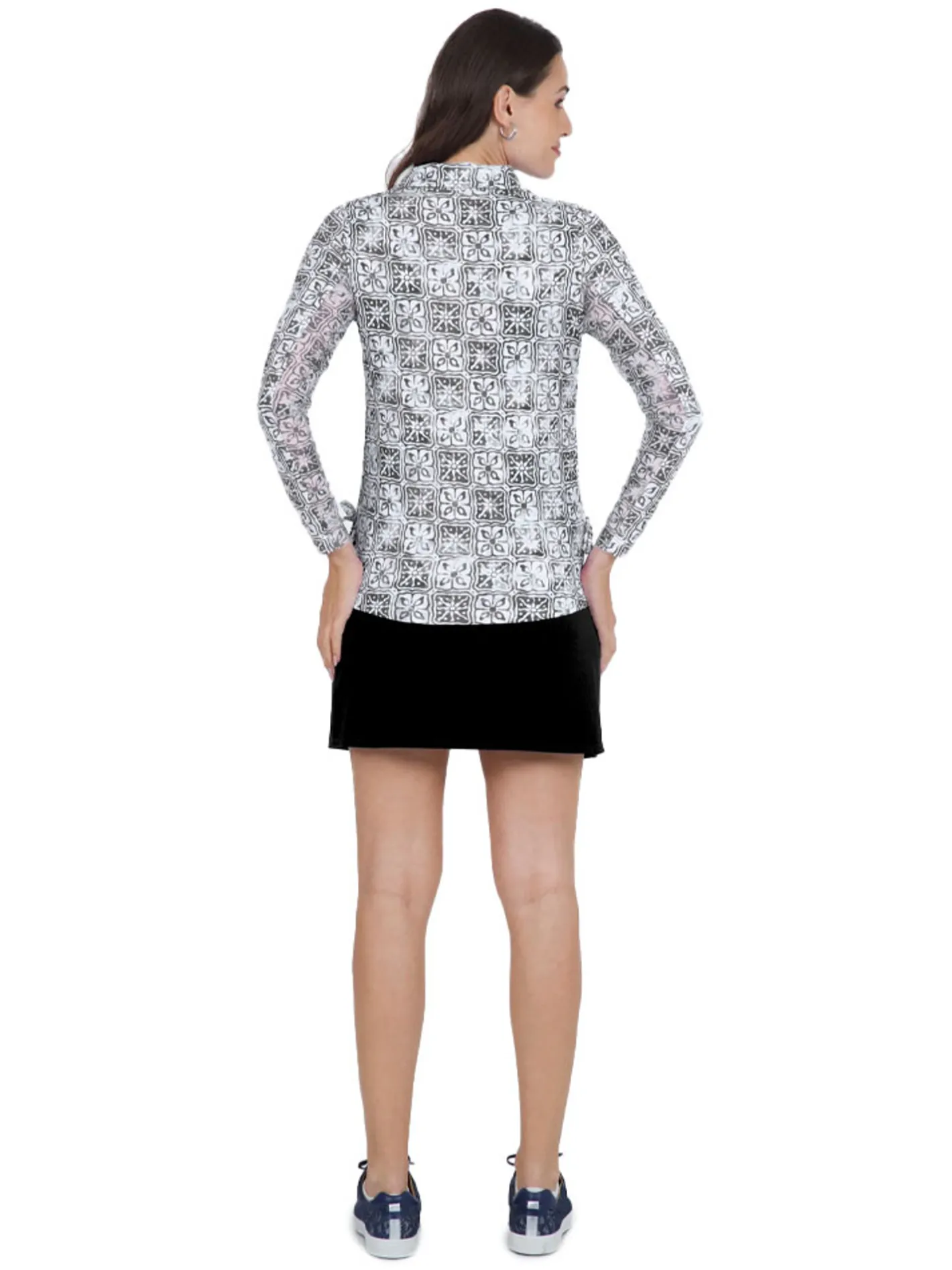 Women IBKUL Kathy Print Long Sleeve Zip Polo - Black/Grey