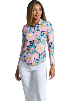Women IBKUL Leona Print Long Sleeve Zip Polo - Navy Multi