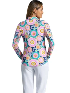 Women IBKUL Leona Print Long Sleeve Zip Polo - Navy Multi